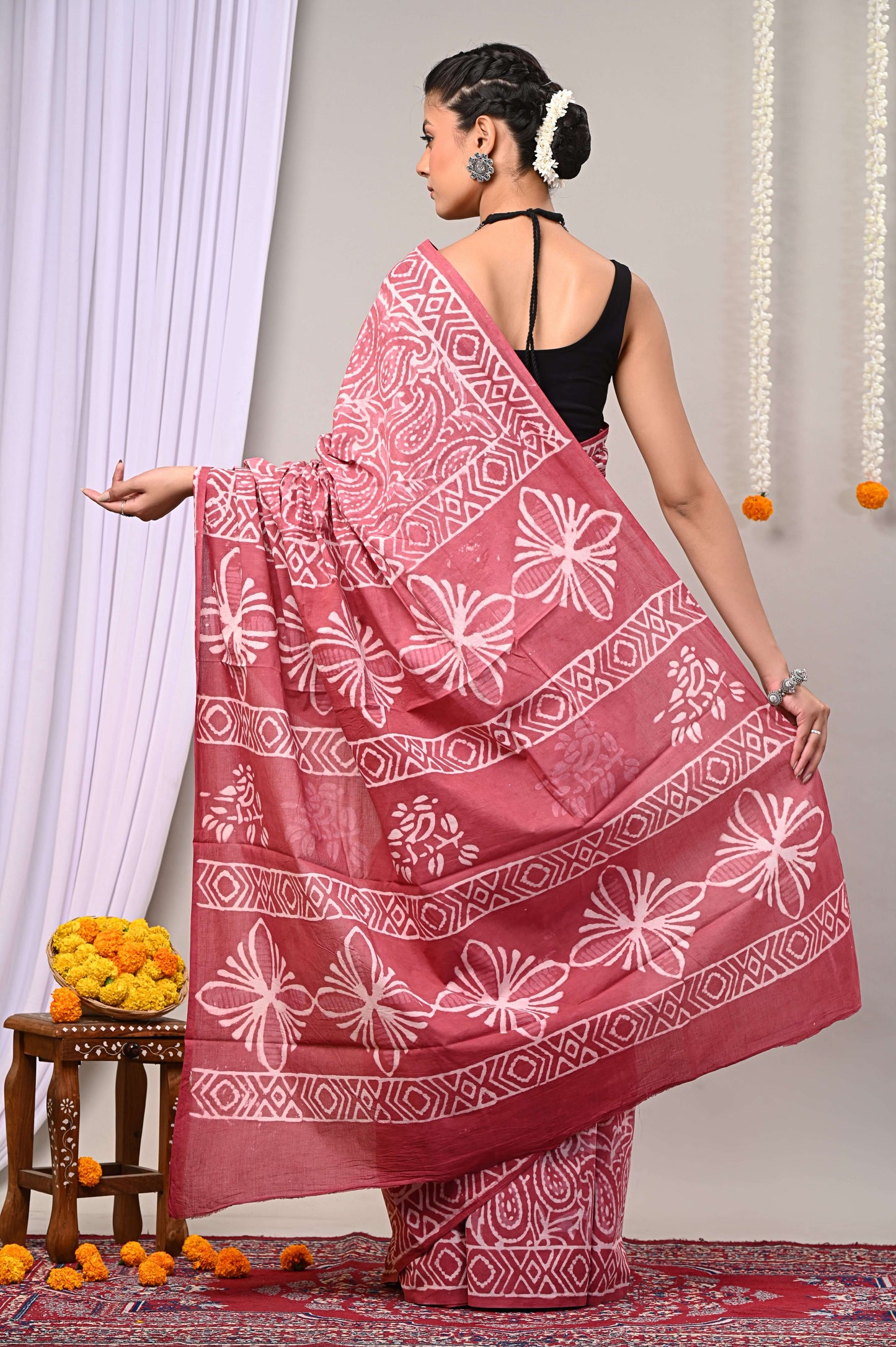 Rosewood Bloom Handblock Cotton Saree