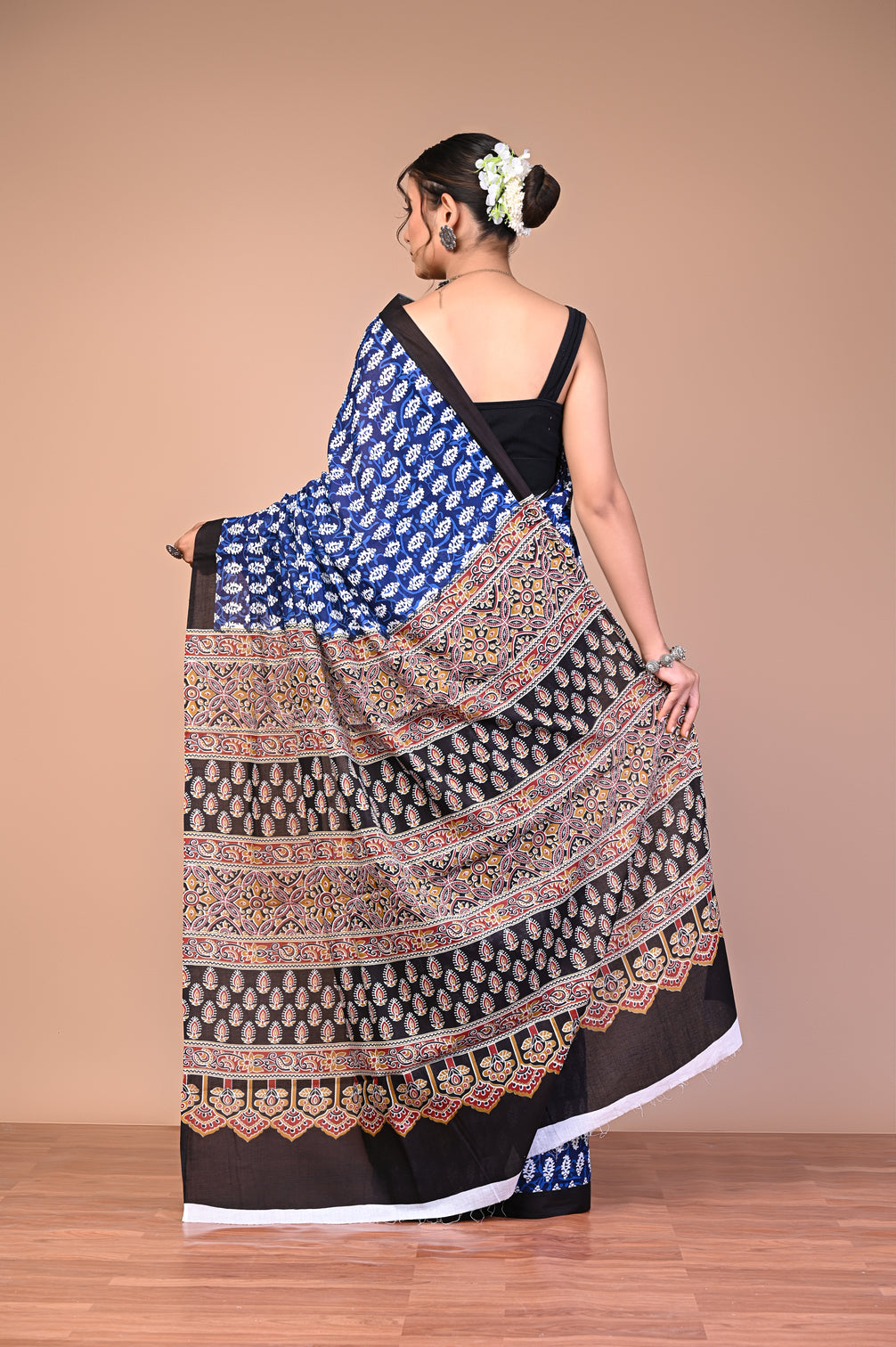 Ajrakh Printed Cotton Mul Saree with ethnic Ajrakh pattern for everyday wear
