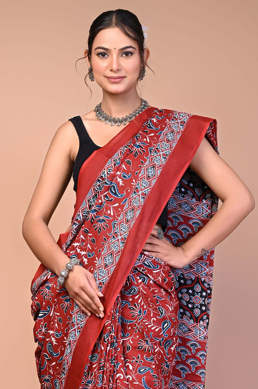 Ajrakh Printed Cotton Mul Saree close-up showing detailed print pattern