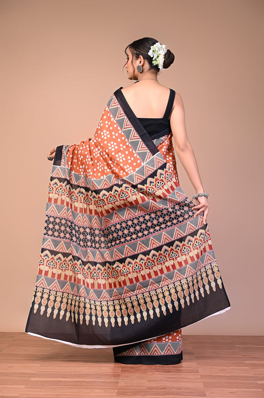 Hand Block Print Cotton Mulmul Saree – Lightweight & Breathable Everyday Wear