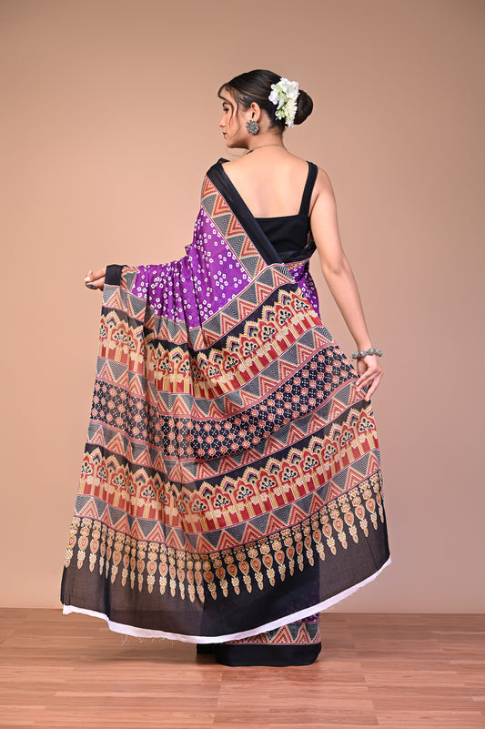 Hand Block Print Cotton Mulmul Saree – Lightweight & Breathable Everyday Wear