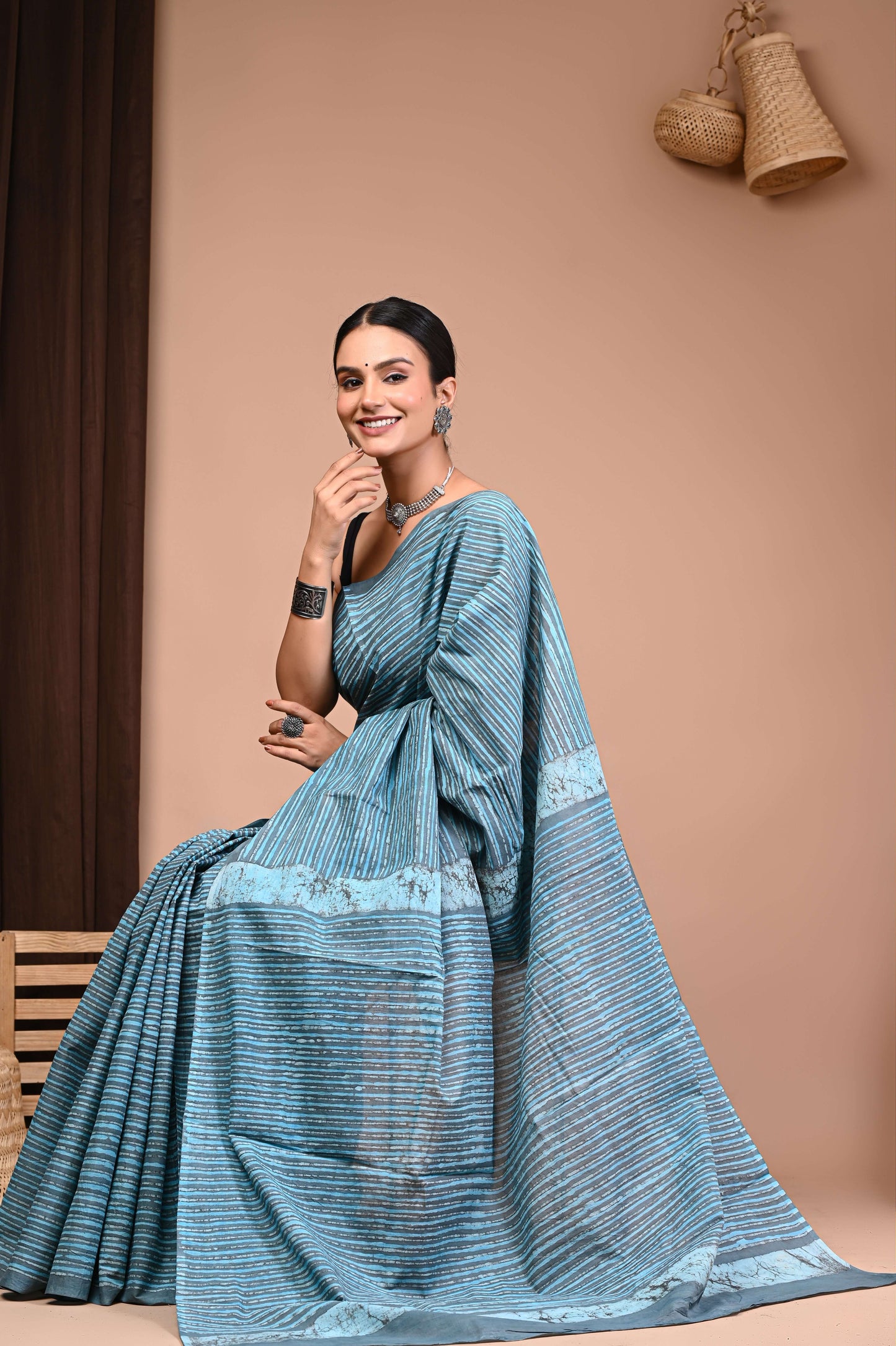 Aqua Lines Handblock Cotton Saree