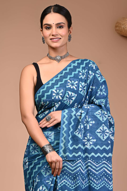 Aqua Indigo Wave Dabu Print Cotton Saree