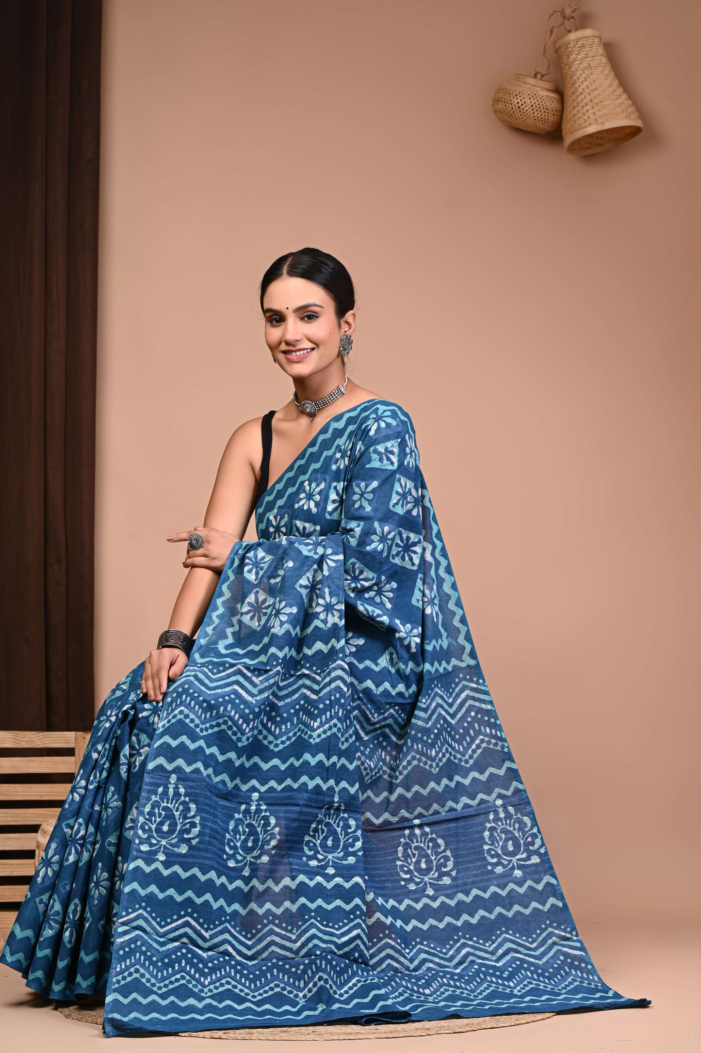 Aqua Indigo Wave Dabu Print Cotton Saree