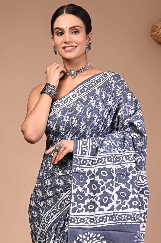 Misty Grey Floral Dabu Print Cotton Saree