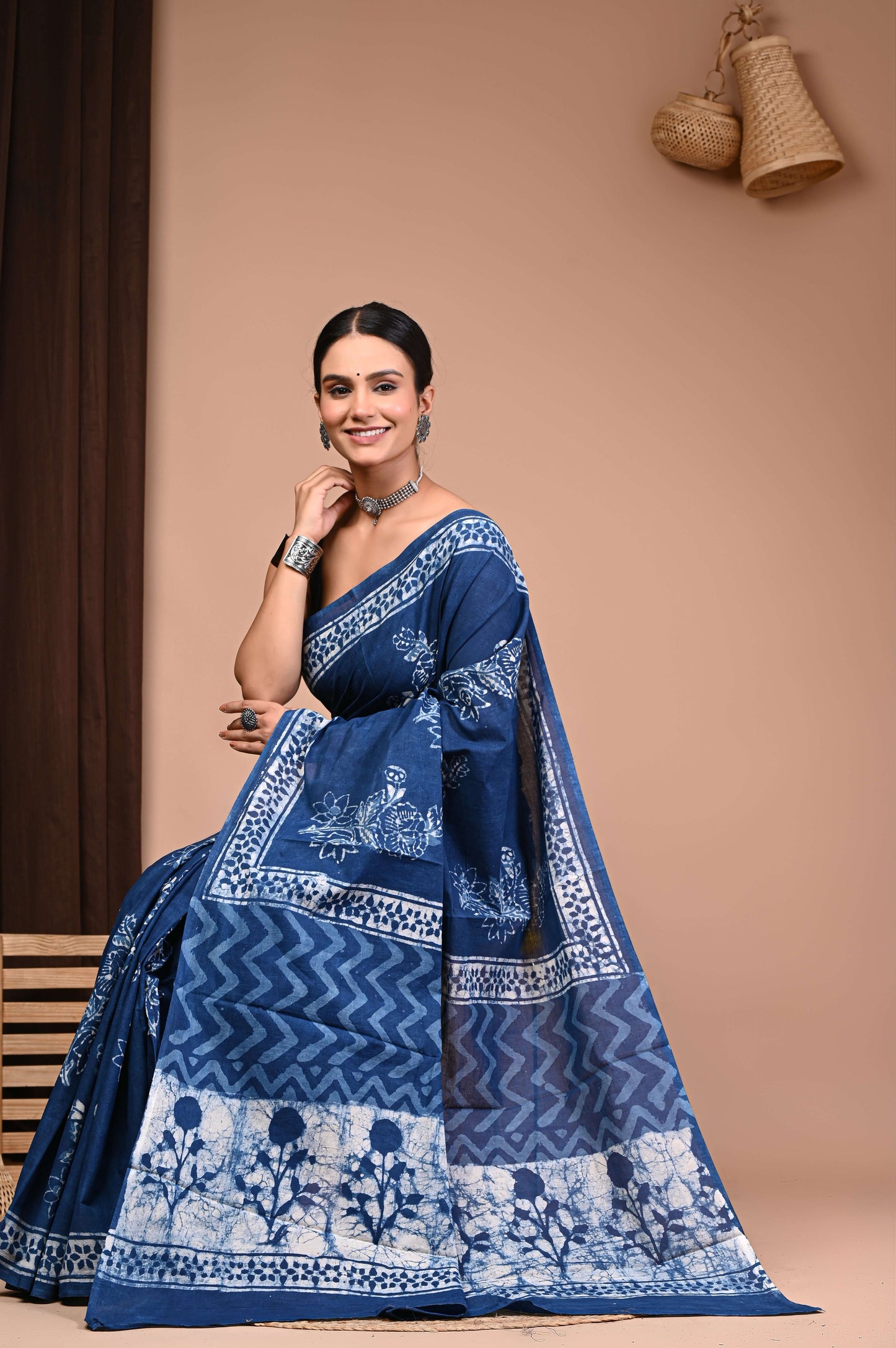 Indigo Hand Block Printed Cotton Saree
