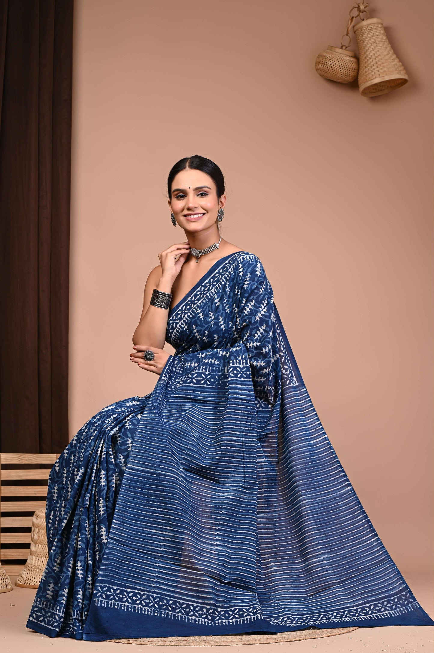 Indigo Hand Block Printed Cotton Saree