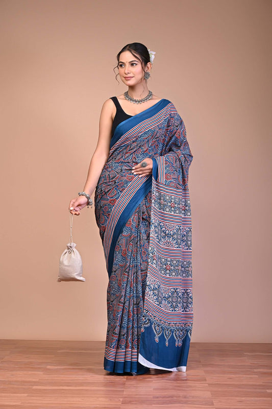 Ajrakh Printed Cotton Mul Saree