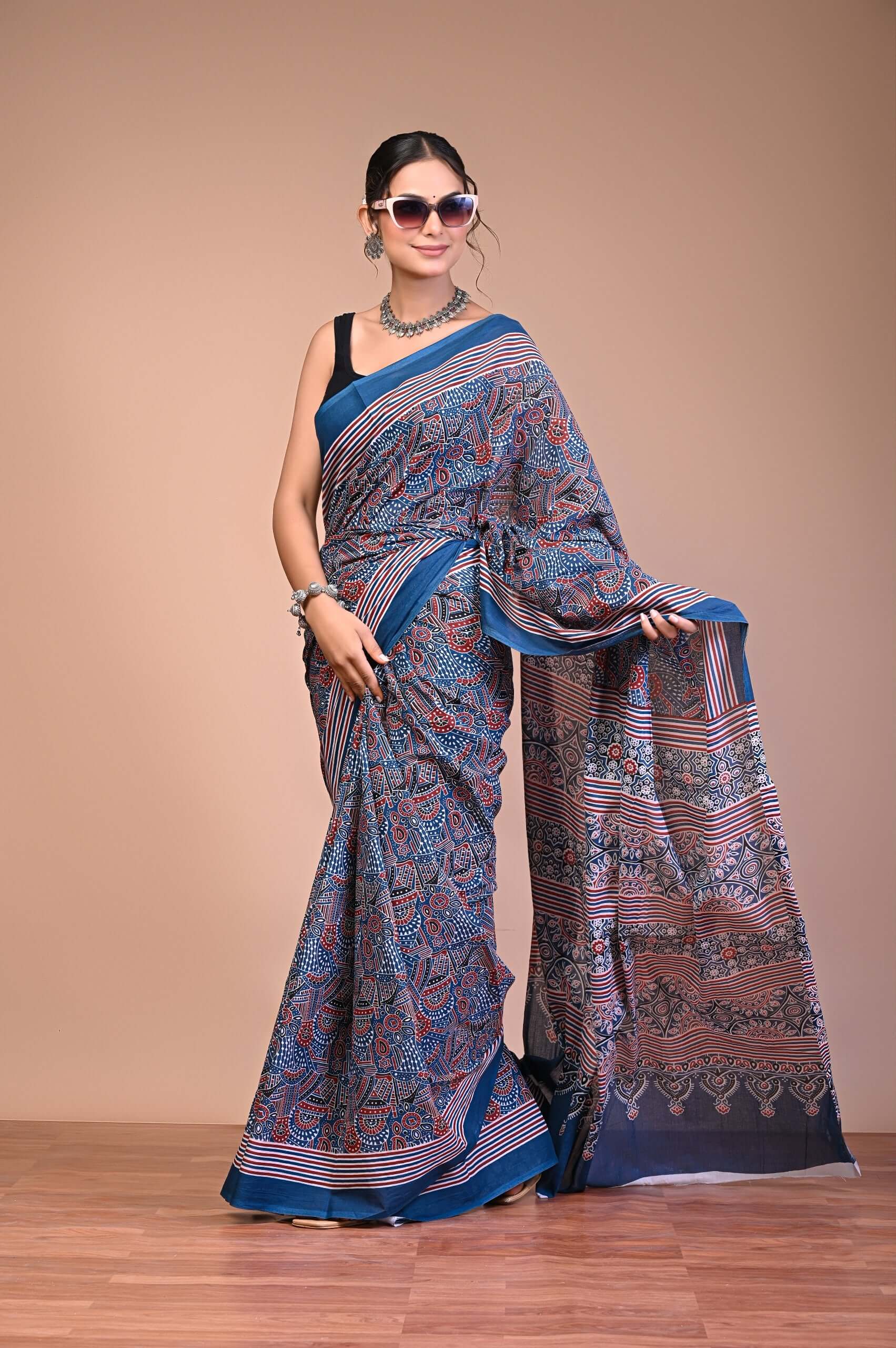 Ajrakh Printed Cotton Mul Saree featuring handcrafted Ajrakh print design