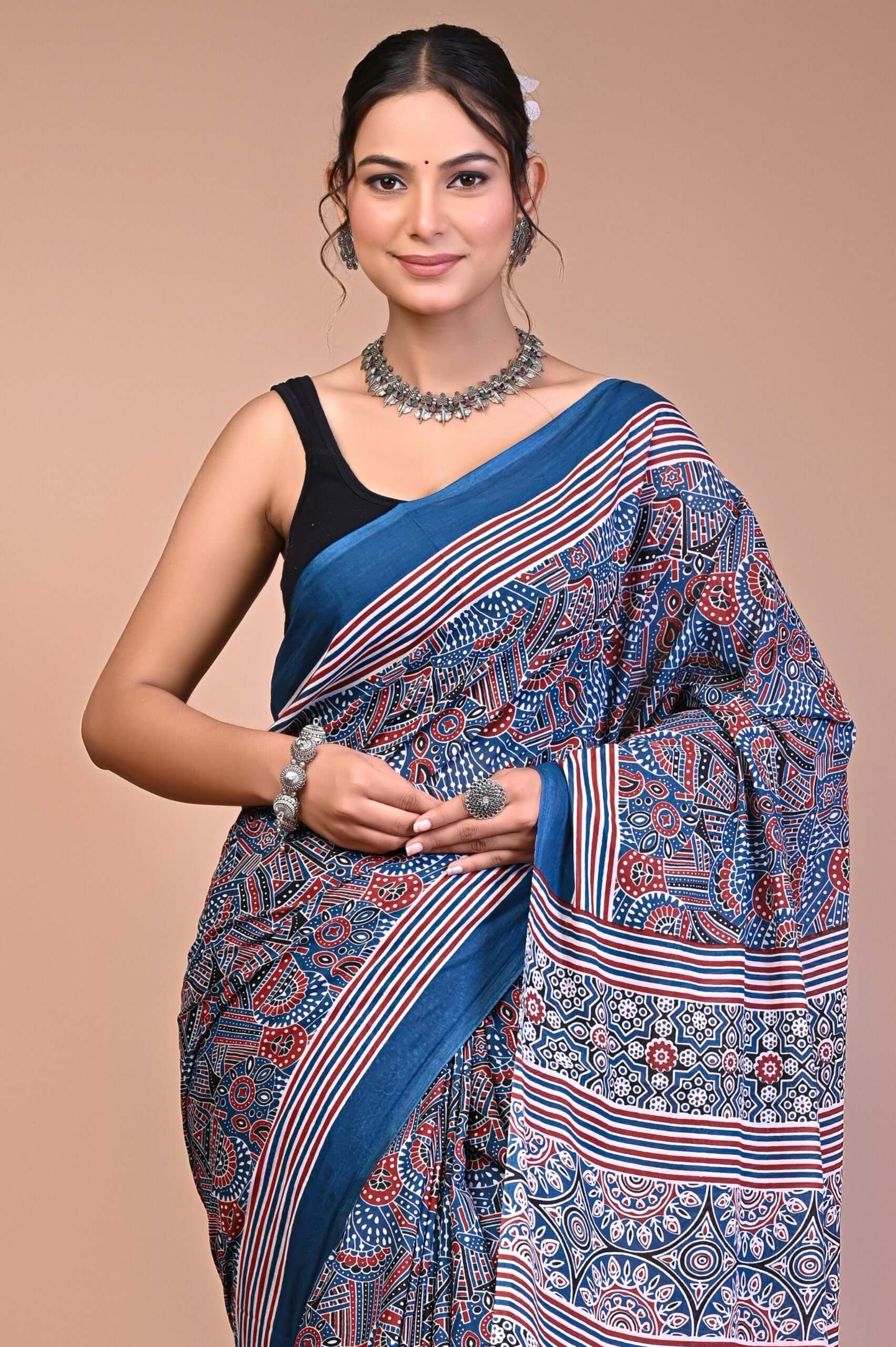 Ajrakh Printed Cotton Mul Saree full drape view in soft breathable mul fabric