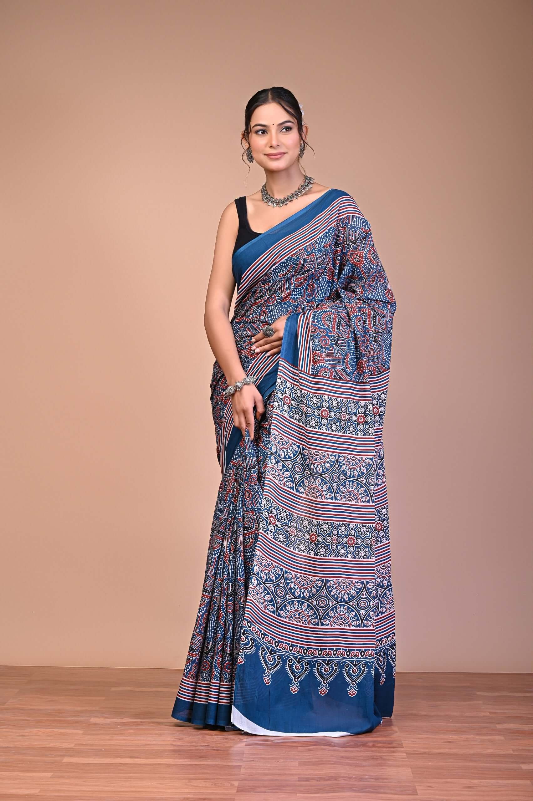 Ajrakh Printed Cotton Mul Saree with ethnic Ajrakh design for everyday wear