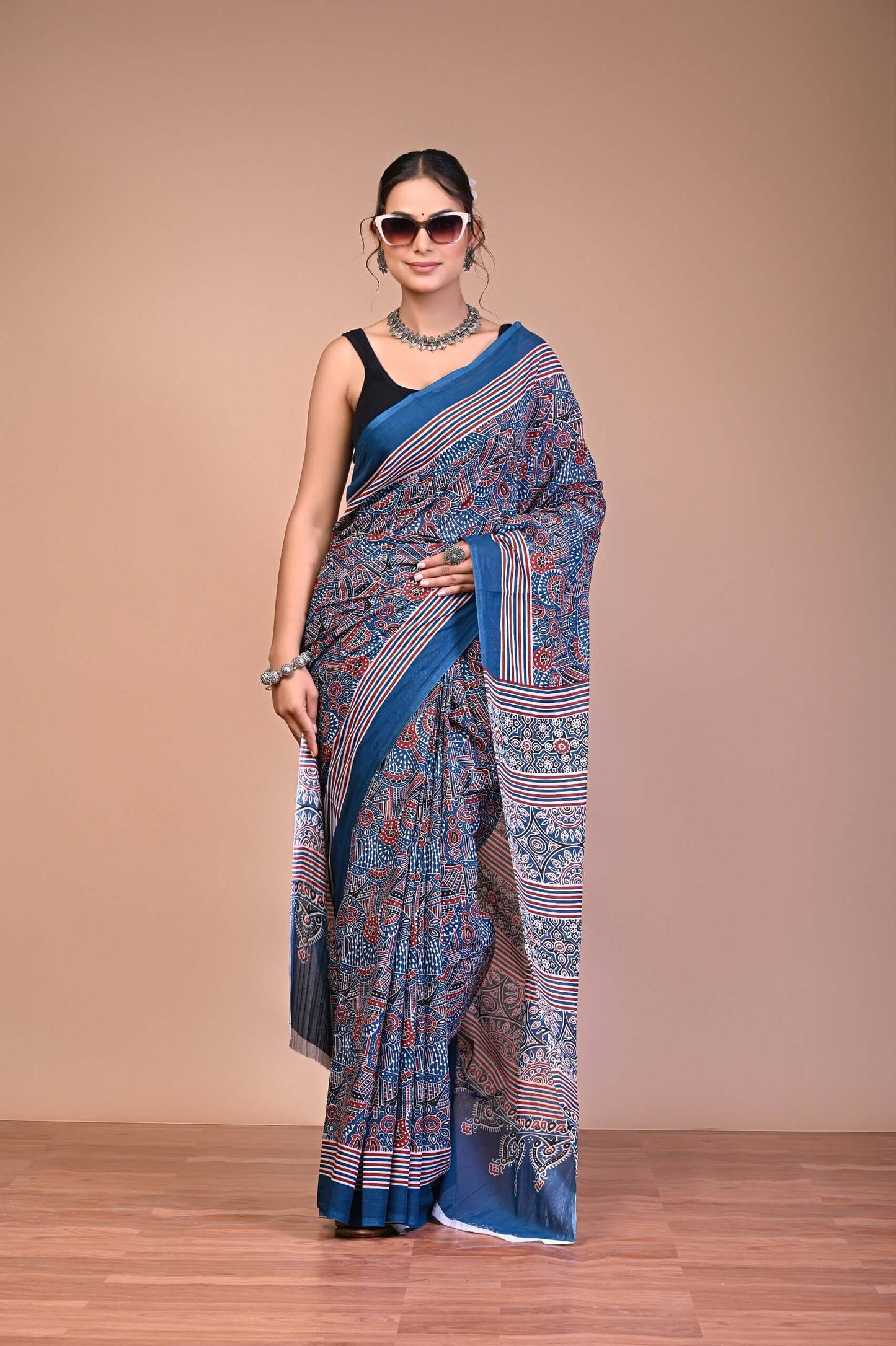 Ajrakh Printed Cotton Mul Saree featuring handcrafted Ajrakh print design
