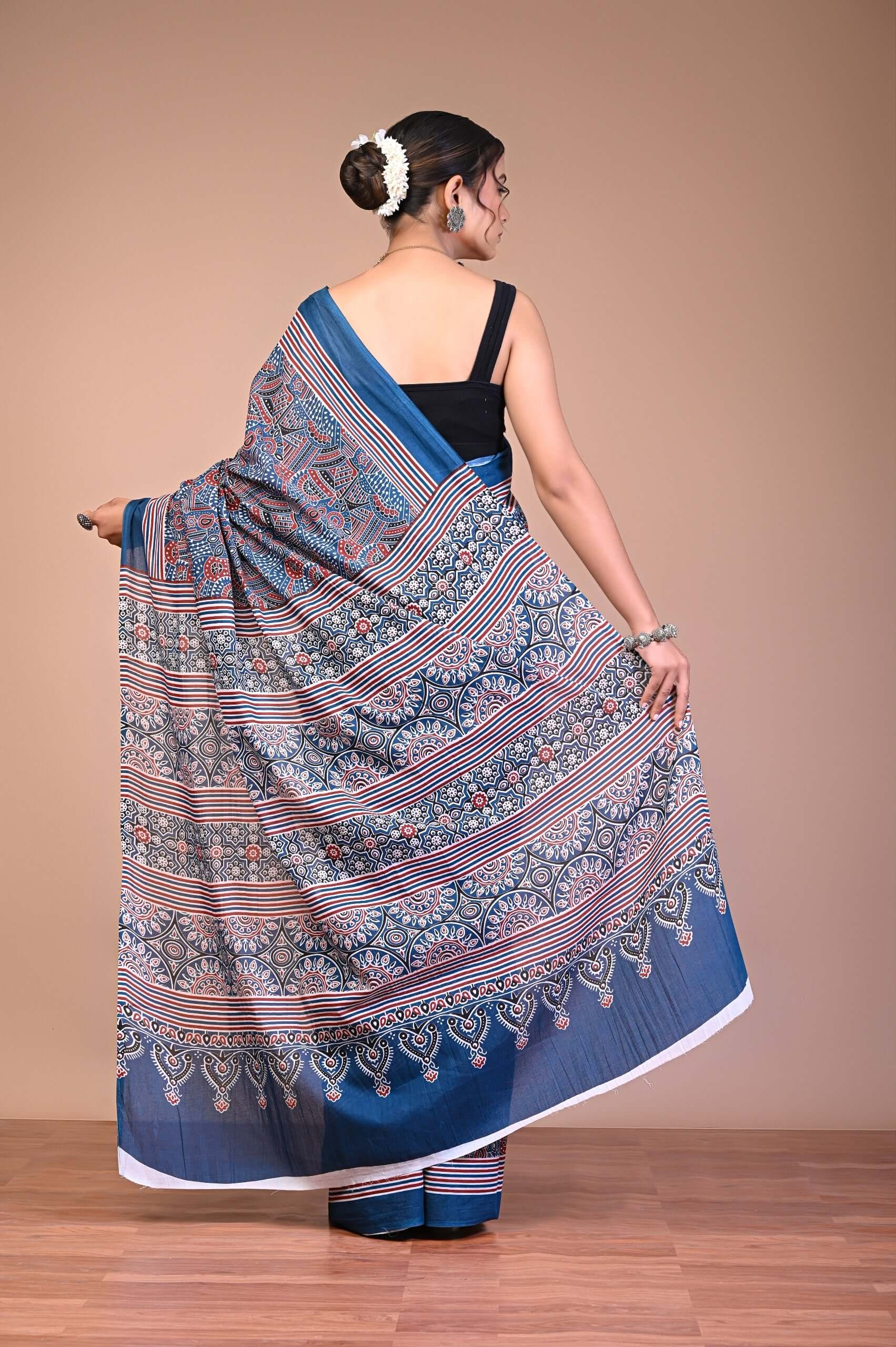 Ajrakh Printed Cotton Mul Saree fabric texture detail highlighting lightweight weave