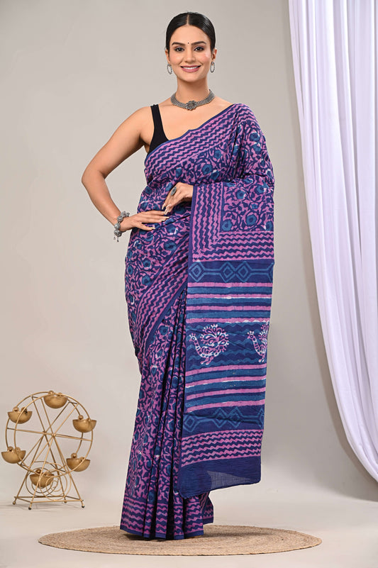 Purple Handblock Cotton Saree