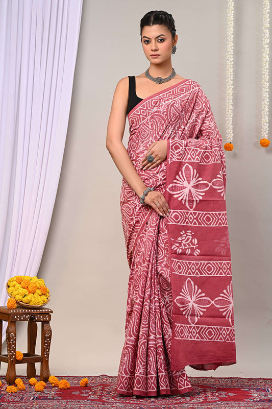 Rosewood Bloom Handblock Cotton Saree