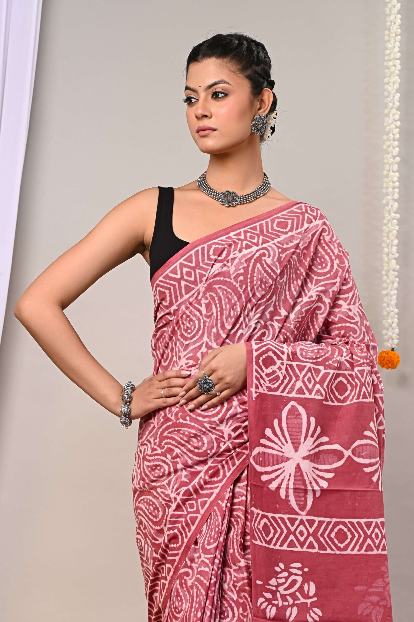 Rosewood Bloom Handblock Cotton Saree