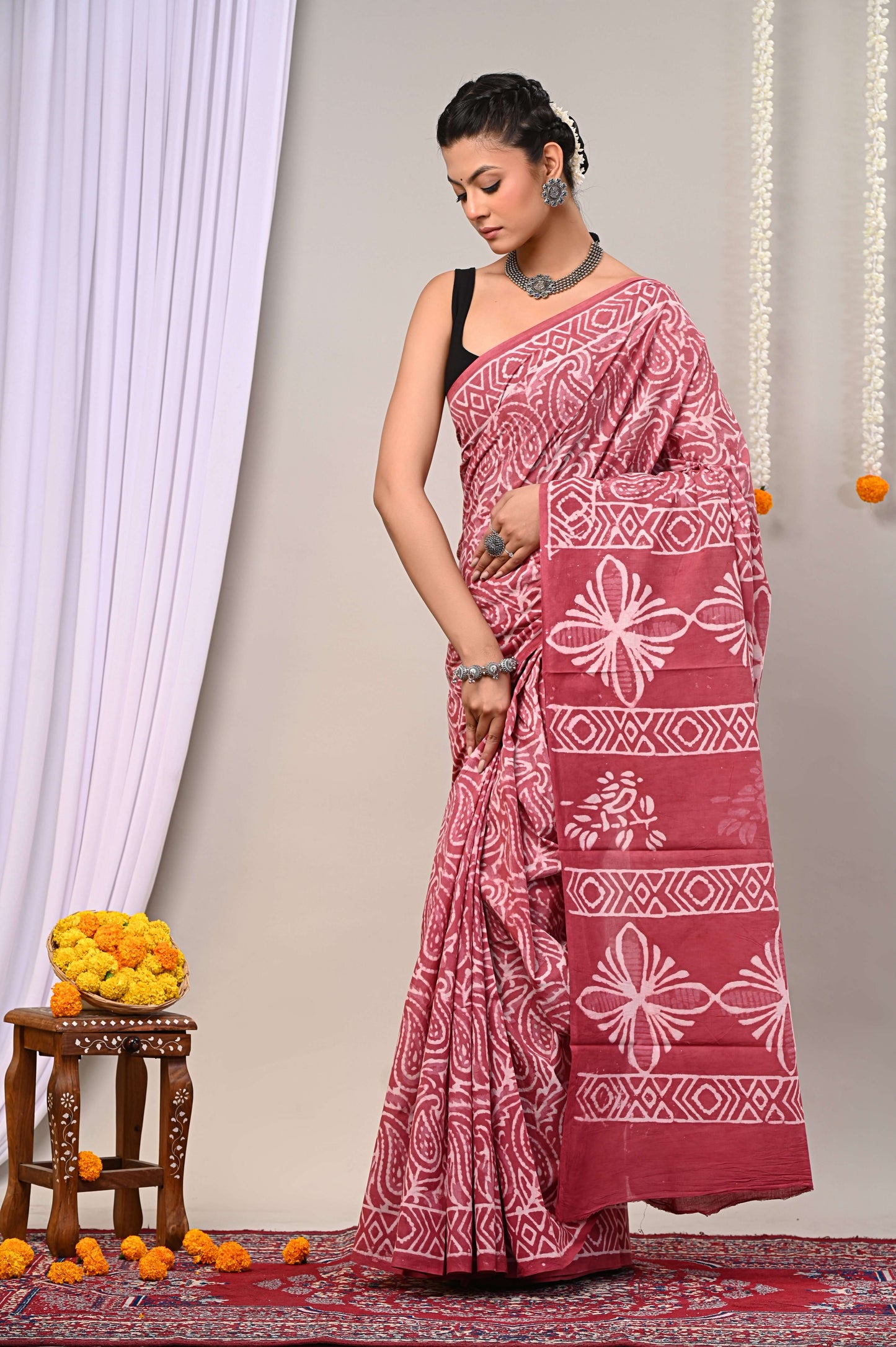 Rosewood Bloom Handblock Cotton Saree