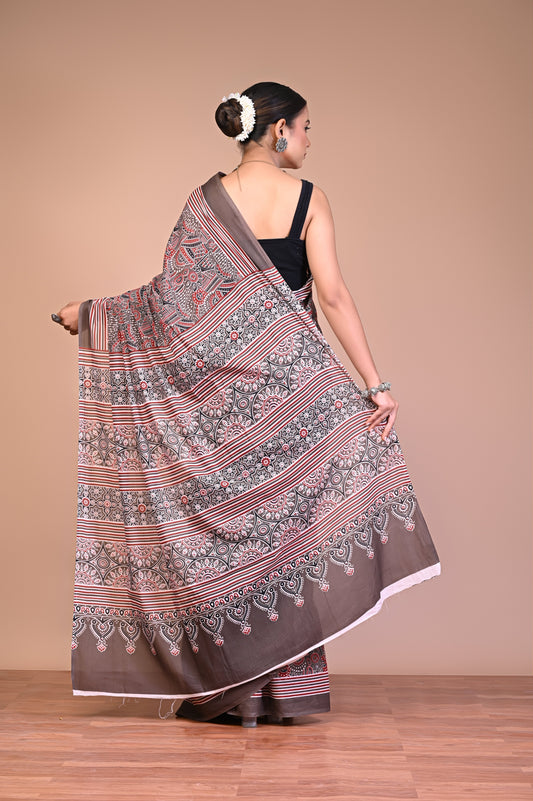 Hand Block Print Cotton Mulmul Saree – Lightweight & Breathable Everyday Wear