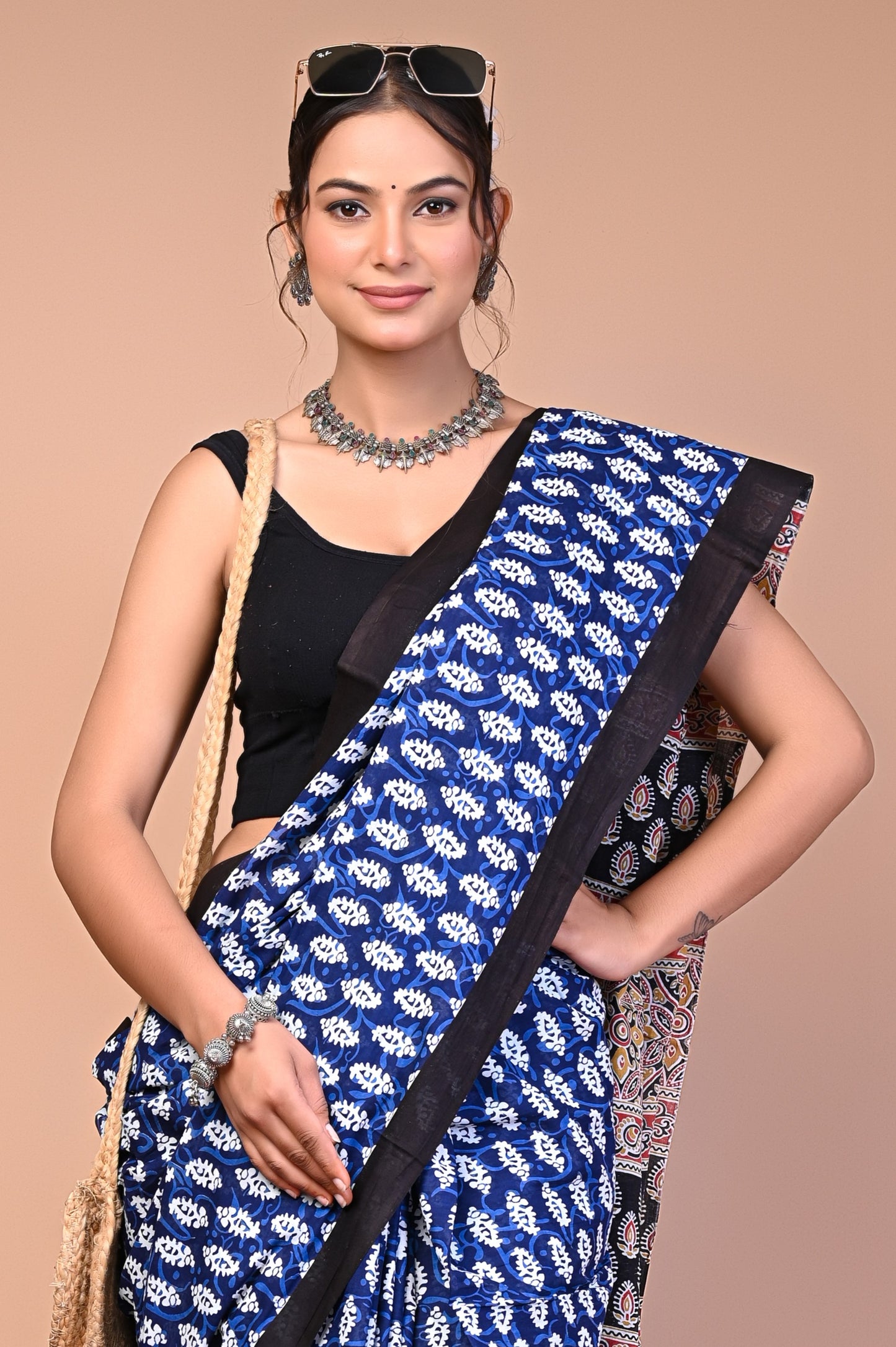 Ajrakh Printed Cotton Mul Saree close-up showing fine print detailing