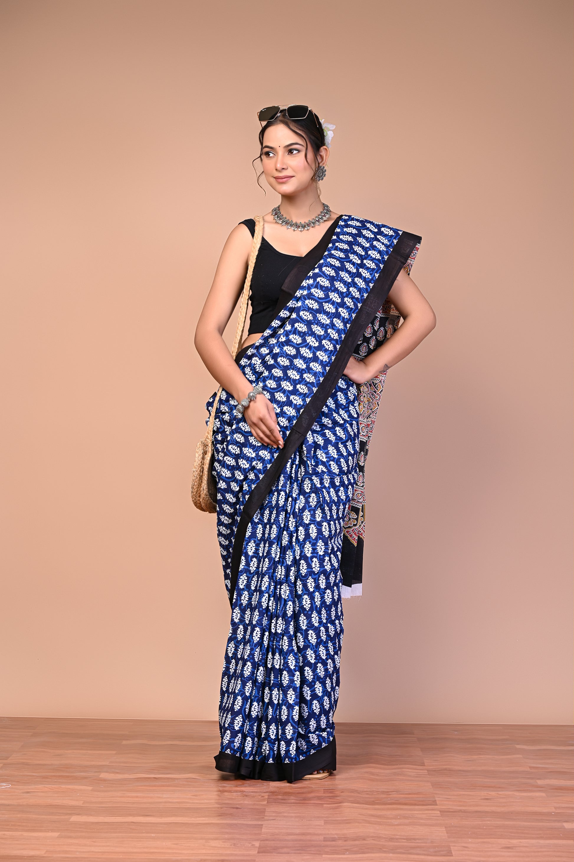 Ajrakh Printed Cotton Mul Saree with traditional geometric Ajrakh motifs