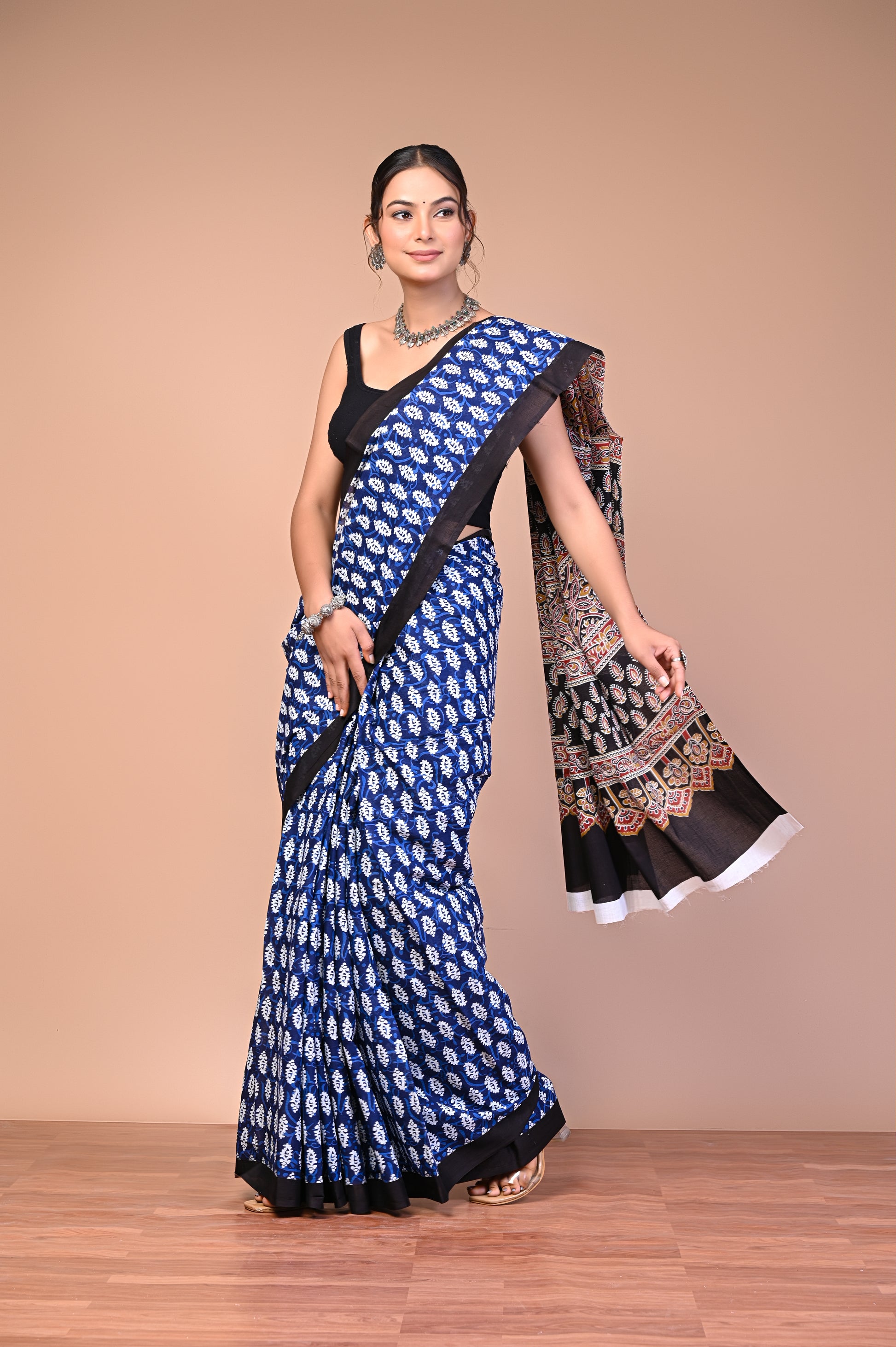 Ajrakh Printed Cotton Mul Saree featuring handcrafted Ajrakh print design