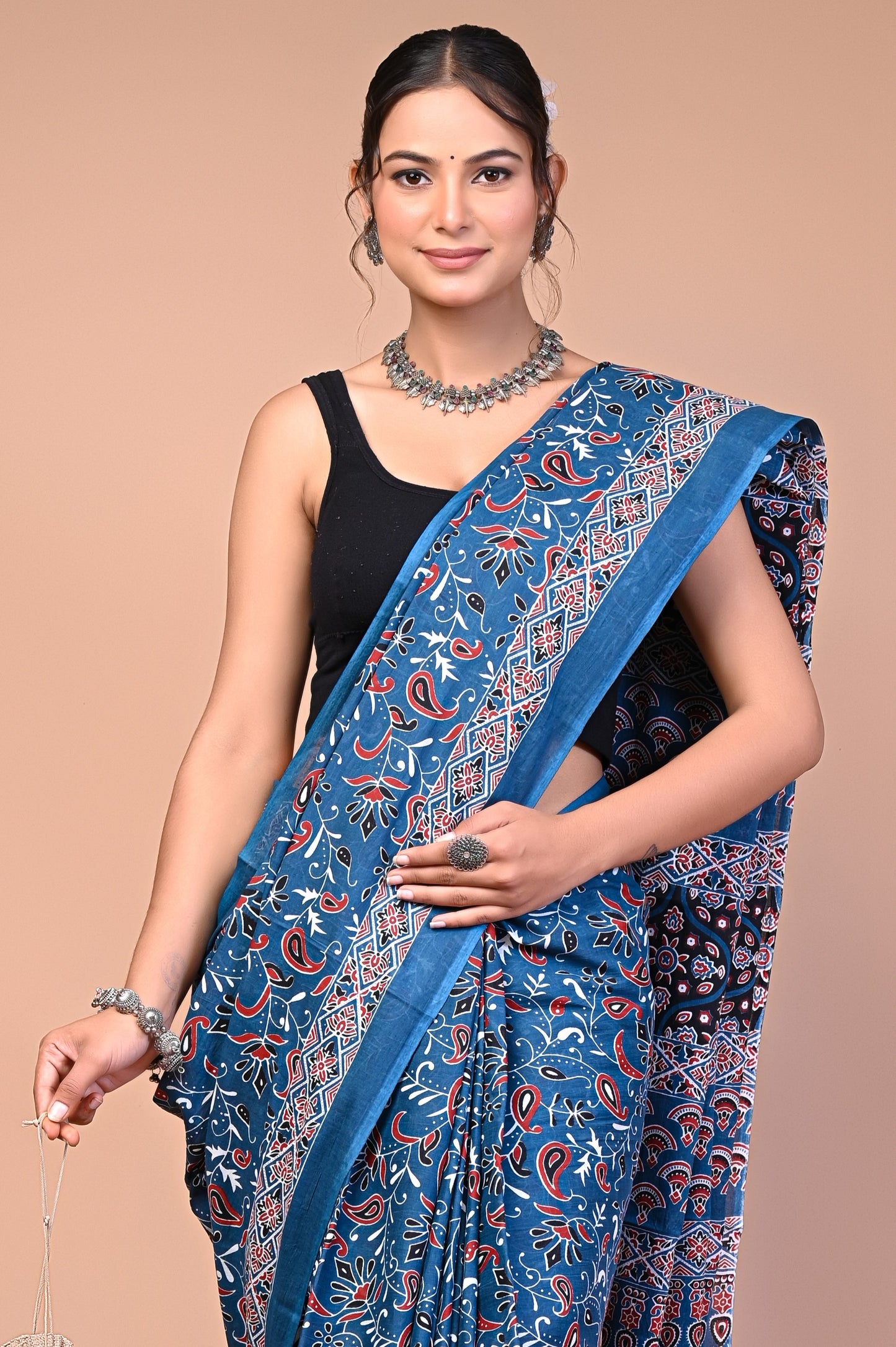 Ajrakh Printed Cotton Mul Saree close-up showing detailed print pattern