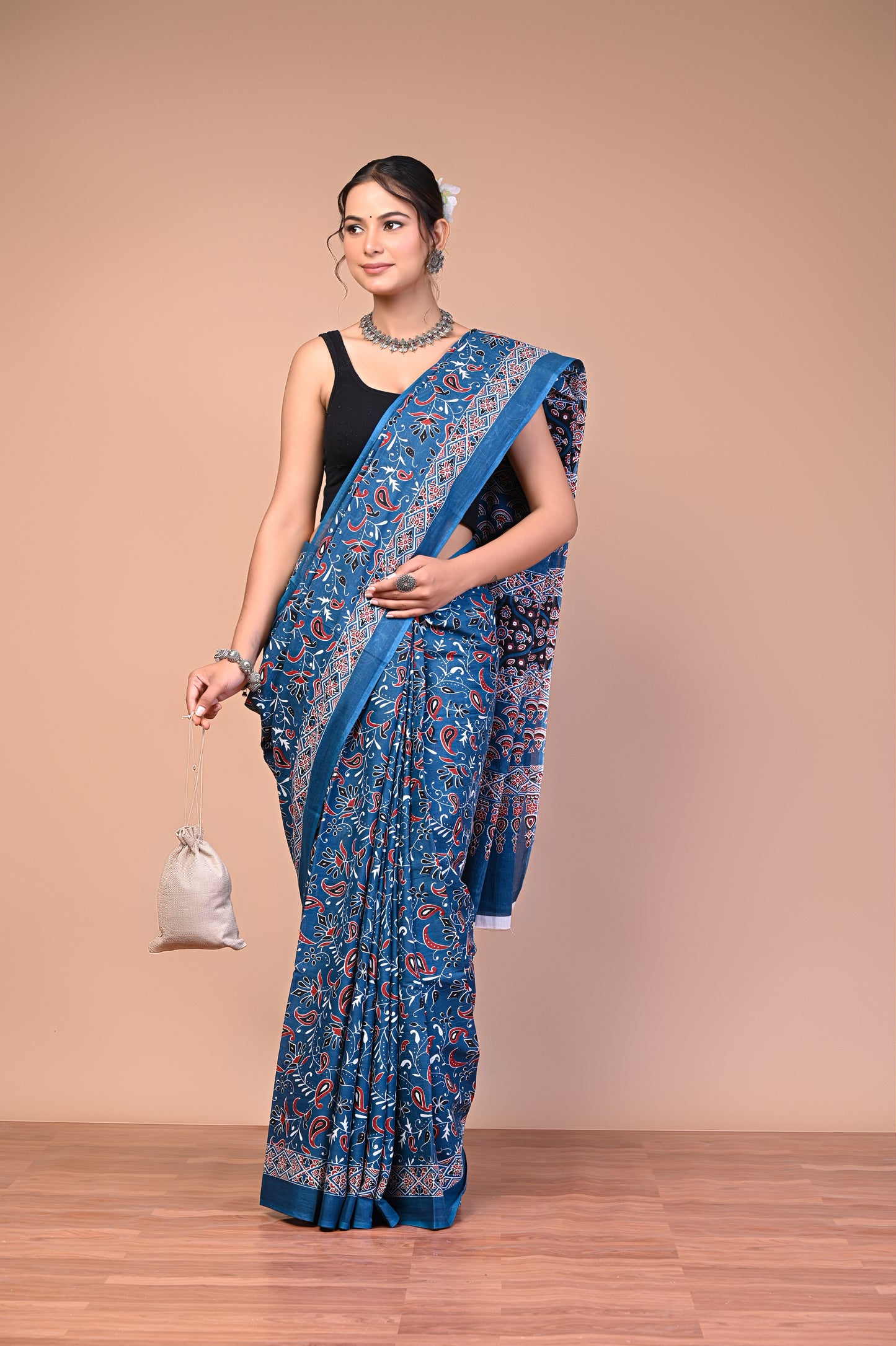 Ajrakh Printed Cotton Mul Saree featuring handcrafted Ajrakh print design