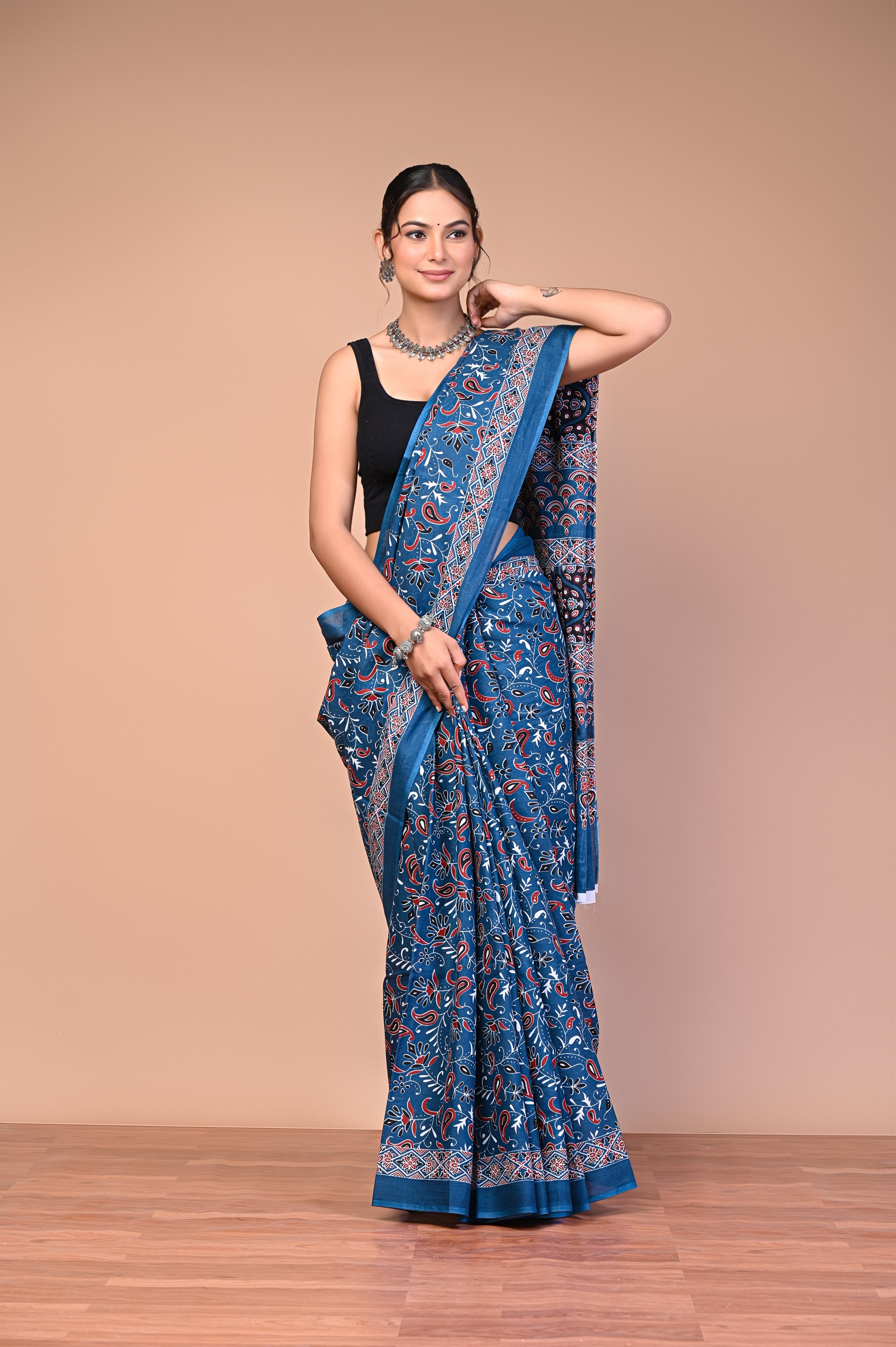 Ajrakh Printed Cotton Mul Saree with traditional Ajrakh geometric motifs