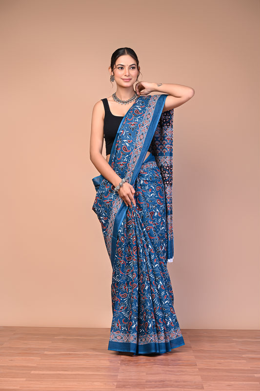 Ajrakh Printed Cotton Mul Saree with traditional Ajrakh geometric motifs