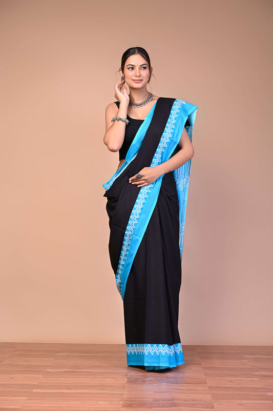 Elegant Black SkyBlue Zigzag Border Cotton Mul Saree, Soft Premium Wear showcased by a model.