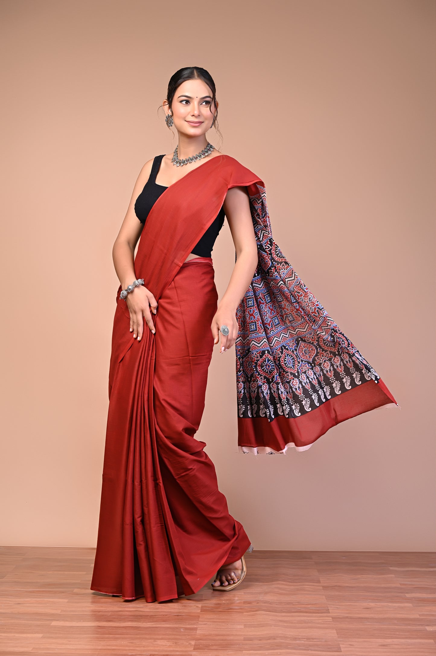 Ajrakh Printed Cotton Mul Saree