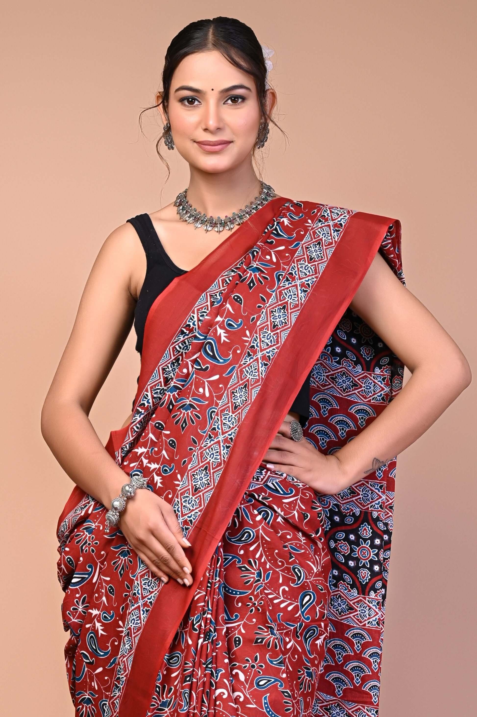 Ajrakh Printed Cotton Mul Saree close-up showing detailed print pattern