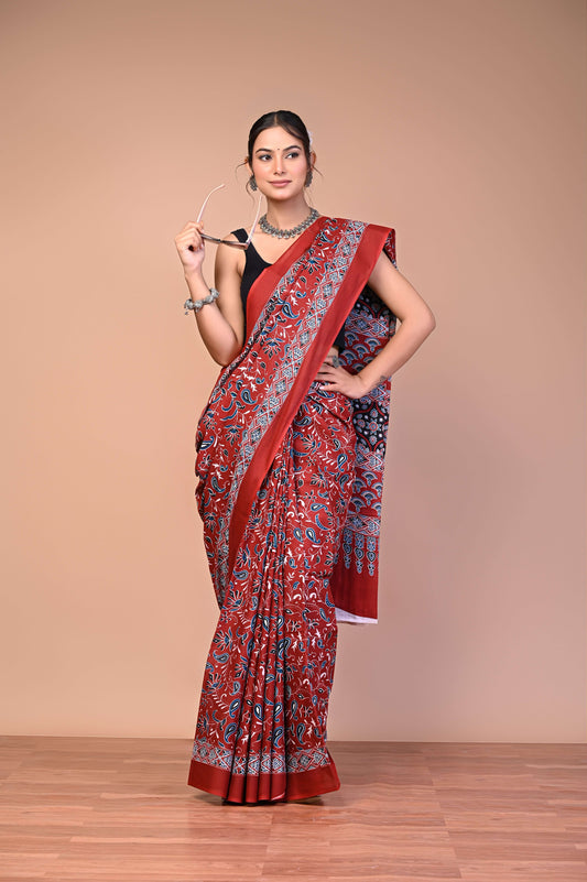 Ajrakh Printed Cotton Mul Saree with traditional Ajrakh geometric motifs