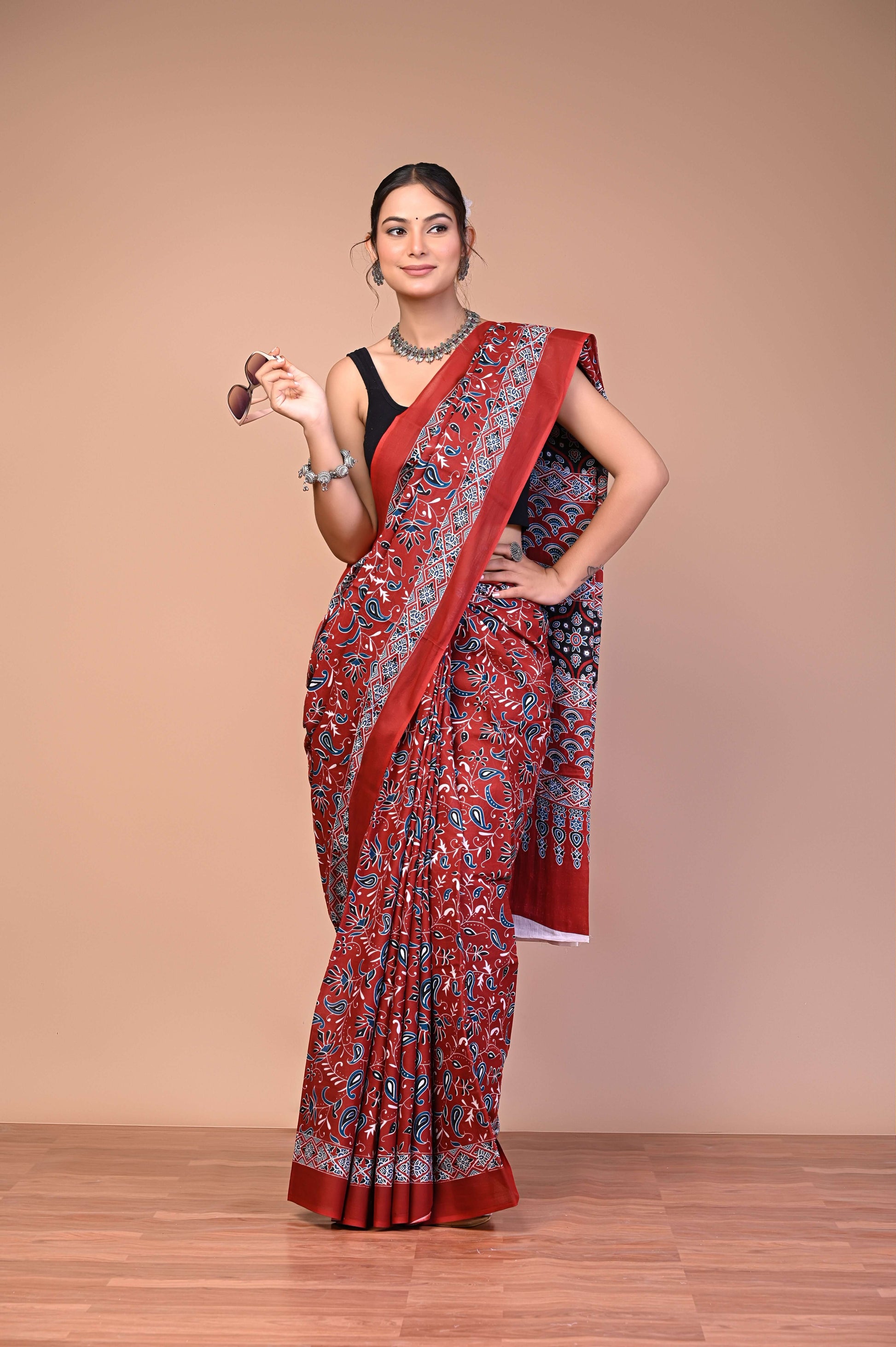 Ajrakh Printed Cotton Mul Saree featuring handcrafted Ajrakh print design