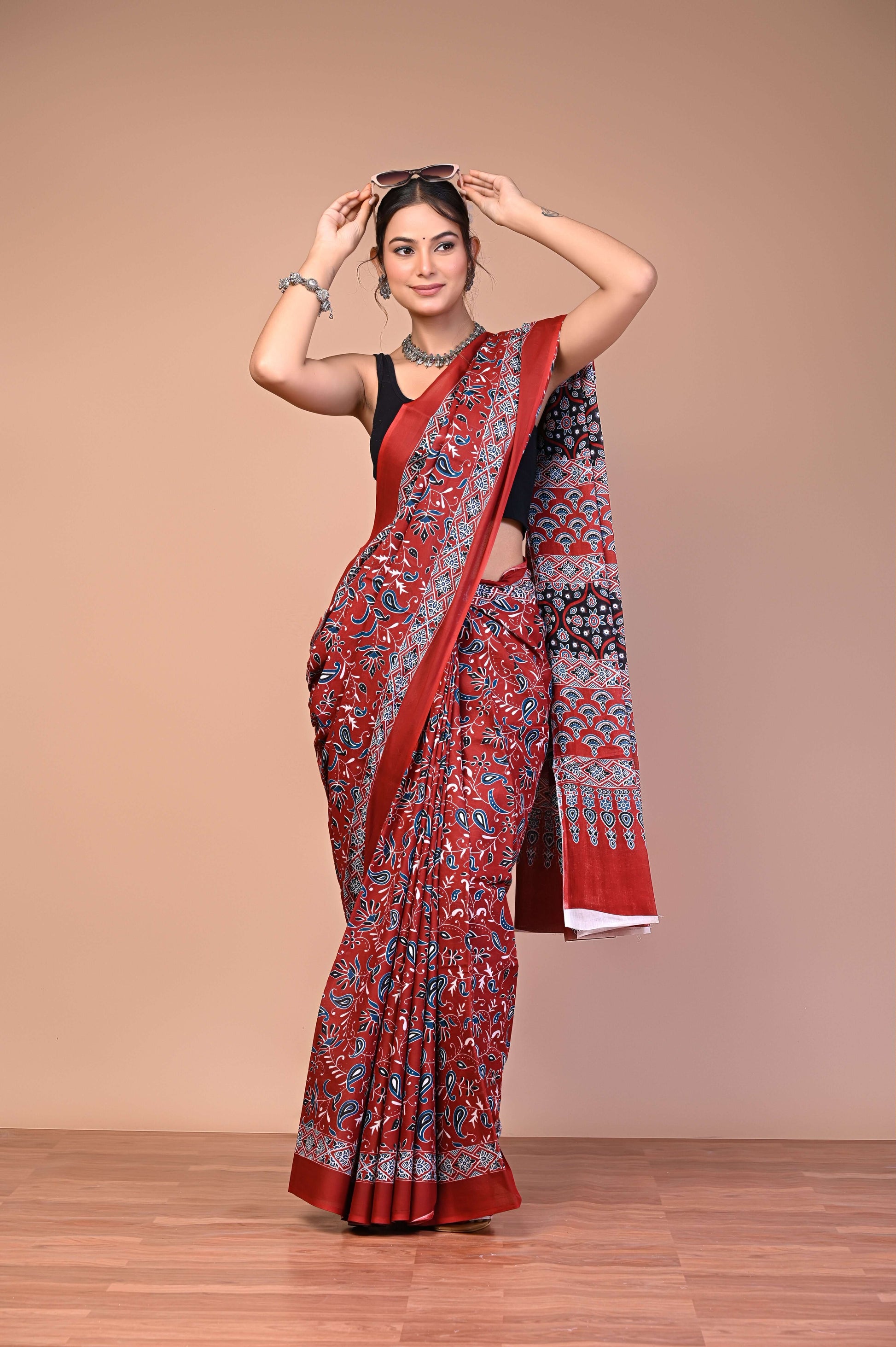 Ajrakh Printed Cotton Mul Saree full drape view in soft breathable mul fabric