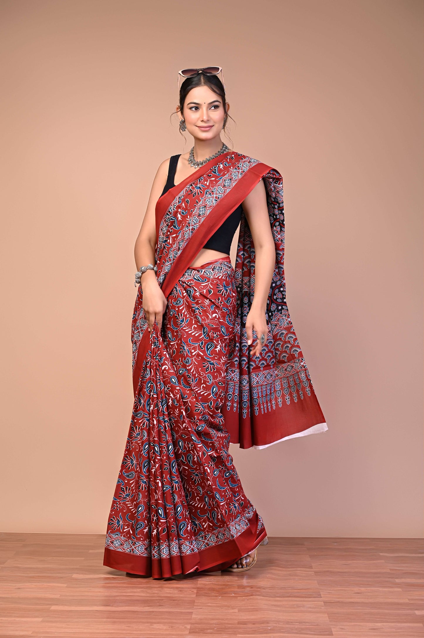 Ajrakh Printed Cotton Mul Saree with ethnic Ajrakh design for everyday wear