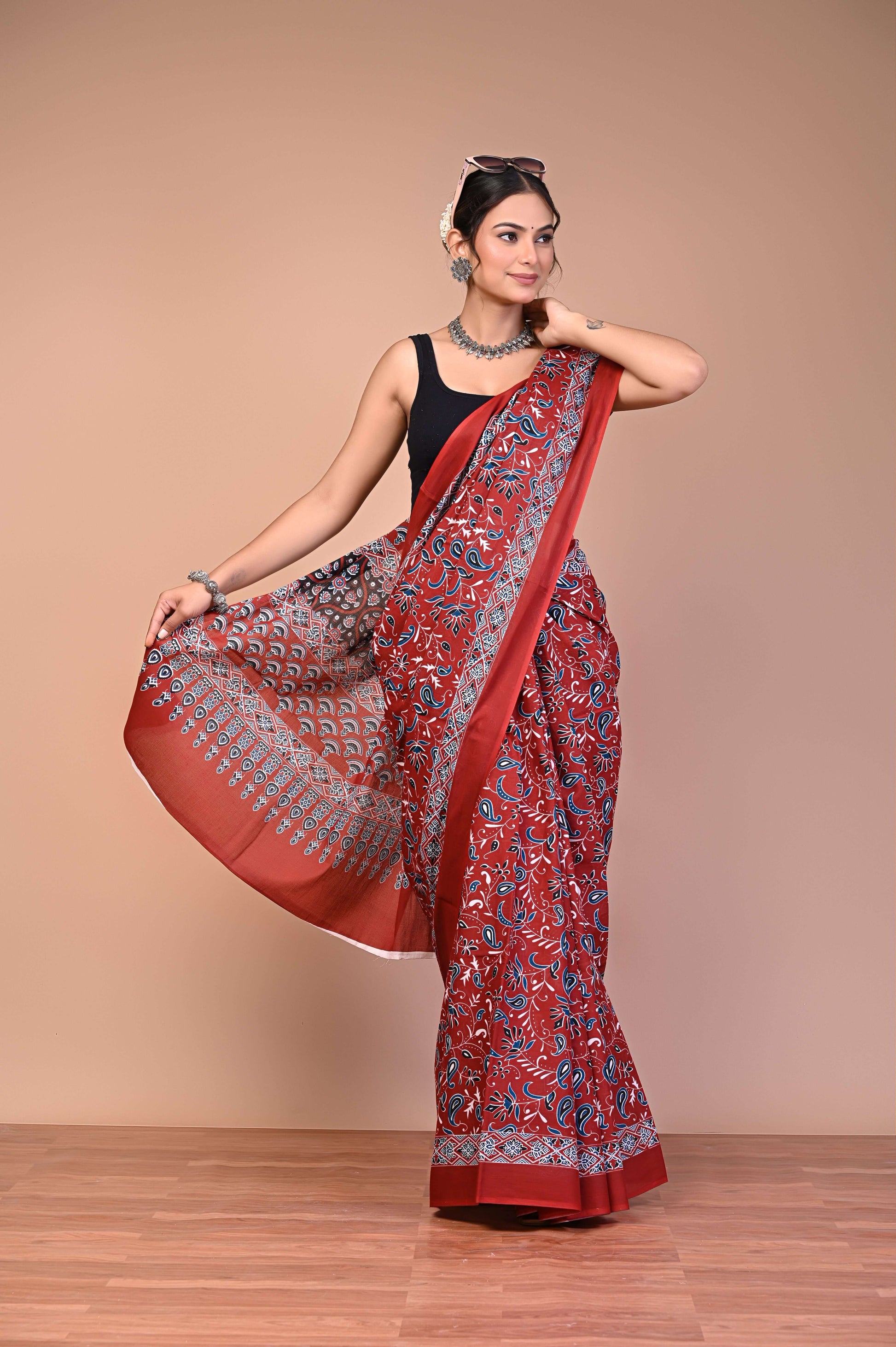 Ajrakh Printed Cotton Mul Saree fabric texture detail highlighting lightweight weave