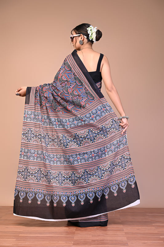Hand Block Print Cotton Mulmul Saree – Lightweight & Breathable Everyday Wear