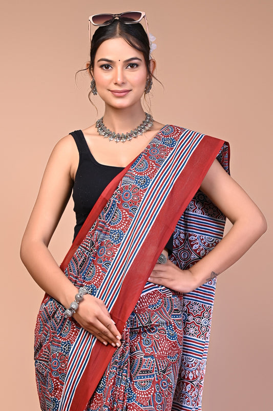 Hand Block Print Cotton Mulmul Saree – Lightweight & Breathable Everyday Wear