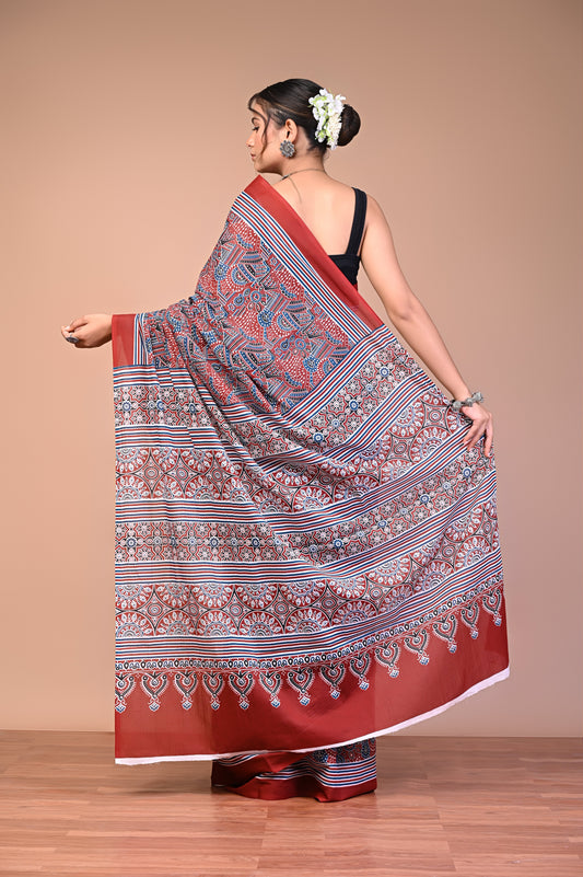Hand Block Print Cotton Mulmul Saree – Lightweight & Breathable Everyday Wear