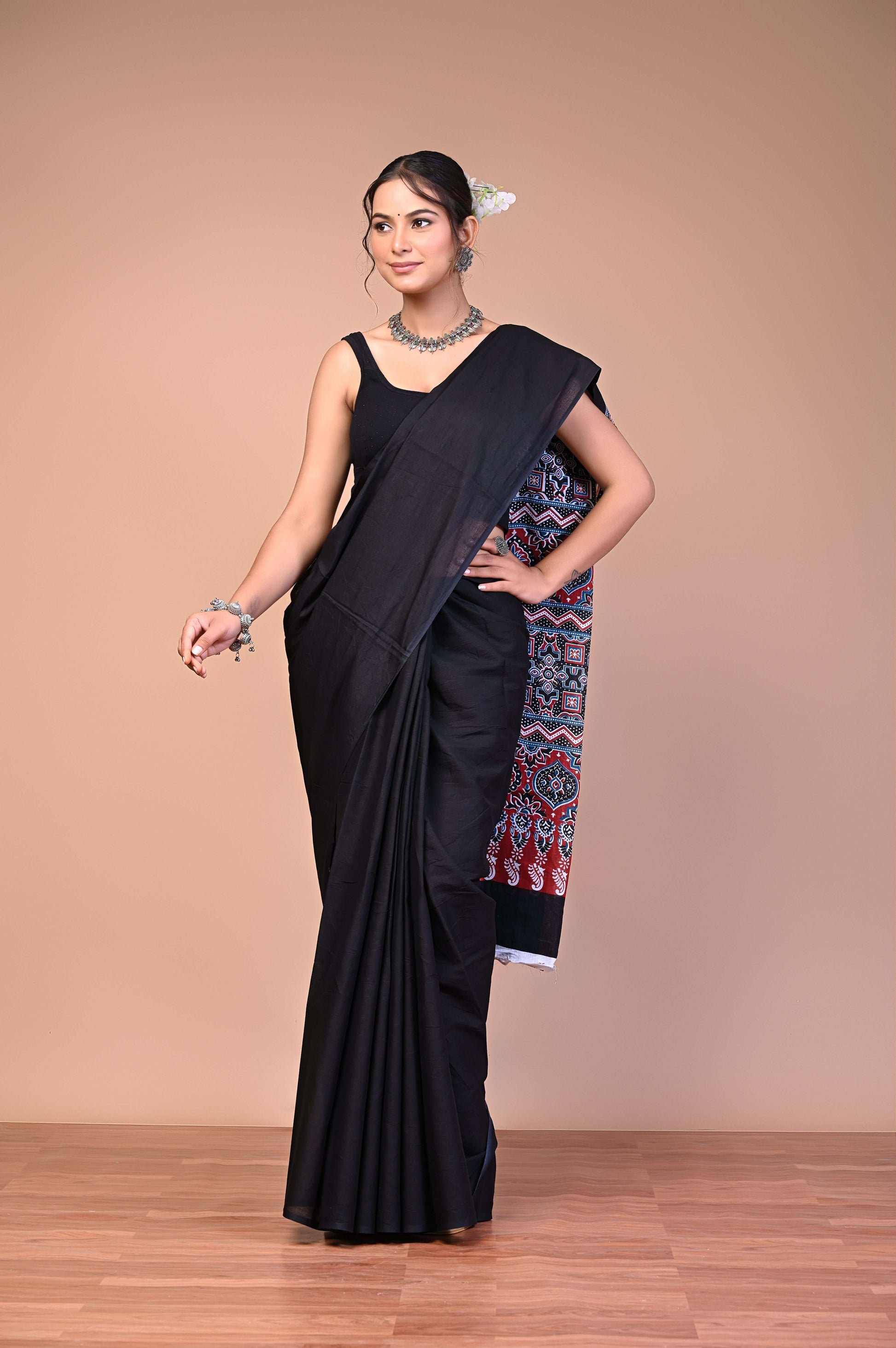 Ajrakh Printed Cotton Mul Saree with traditional Ajrakh geometric motifs