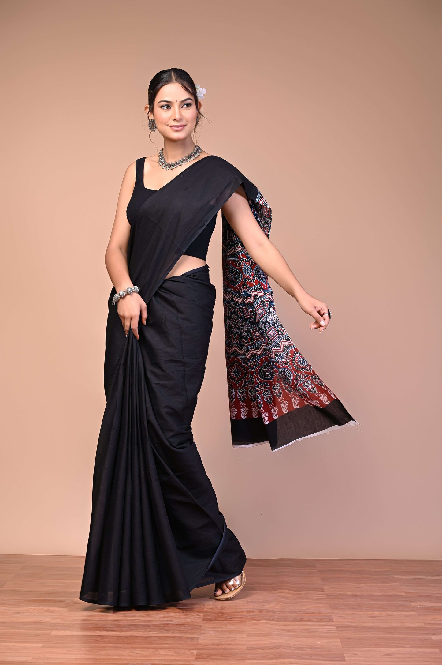 Ajrakh Printed Cotton Mul Saree featuring handcrafted Ajrakh print design