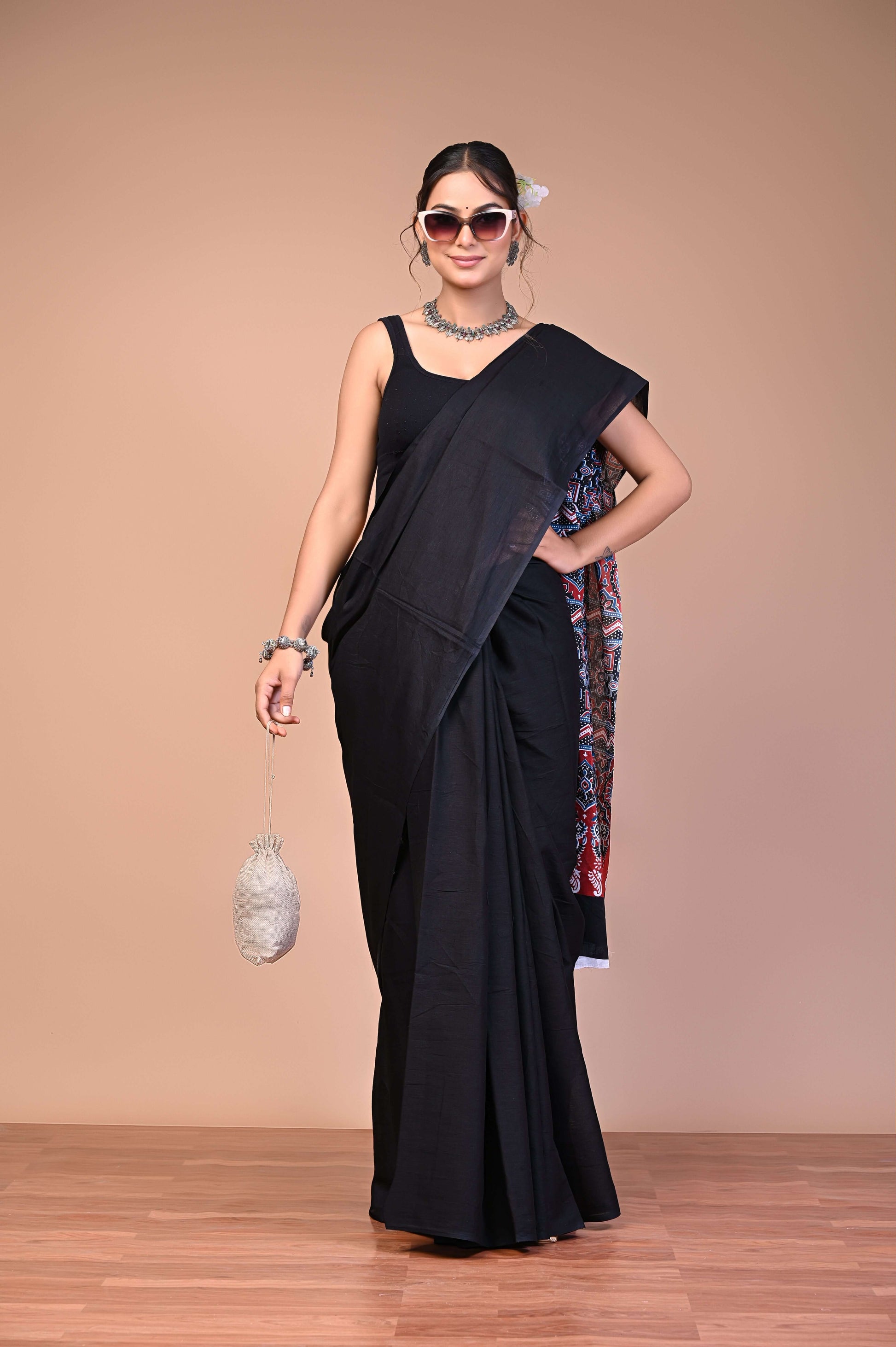 Black Ajrakh printed Cotton Mul Saree