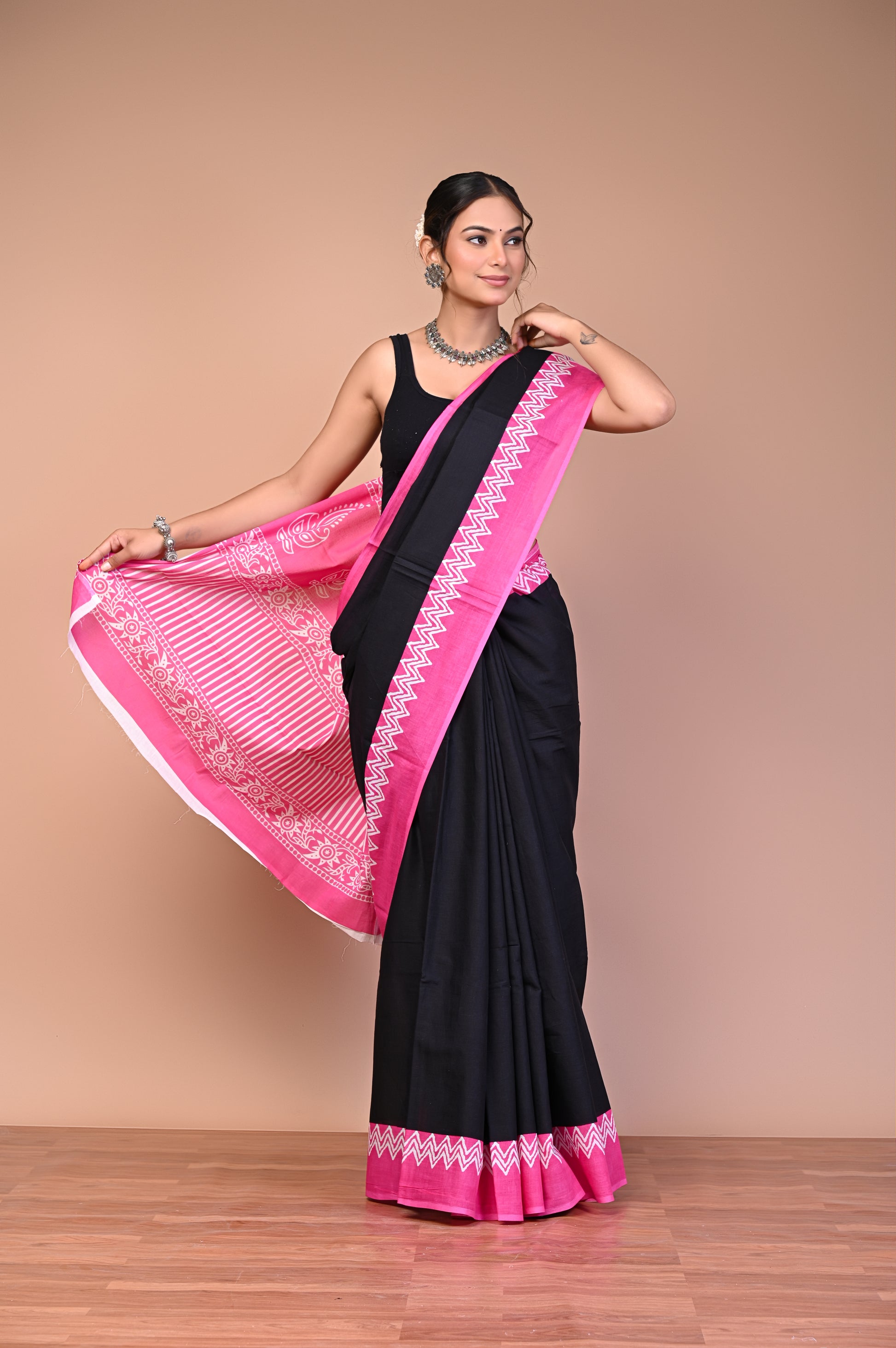 Dabu Printed Cotton Mul Saree By Printed Threads full drape view in soft breathable fabric