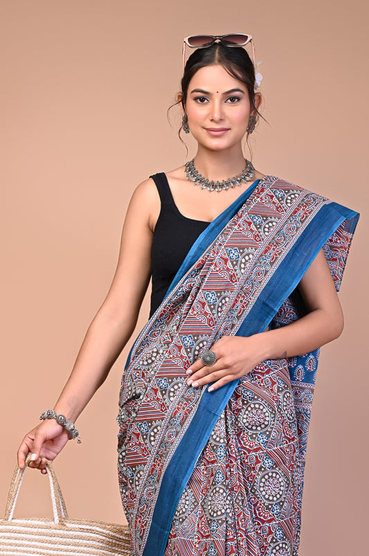 Hand Block Print Cotton Mulmul Saree – Lightweight & Breathable Everyday Wear