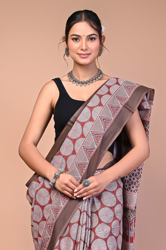 Hand Block Print Cotton Mulmul Saree – Lightweight & Breathable Everyday Wear
