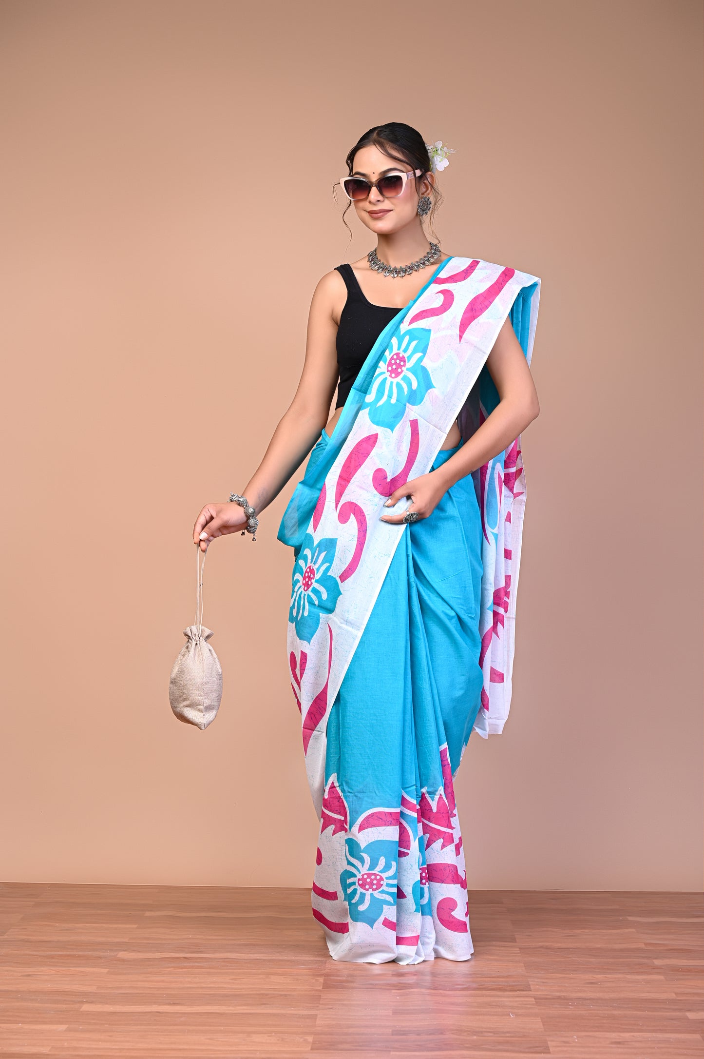 Batik Printed Cotton Mul Saree full drape view in soft breathable mul fabric