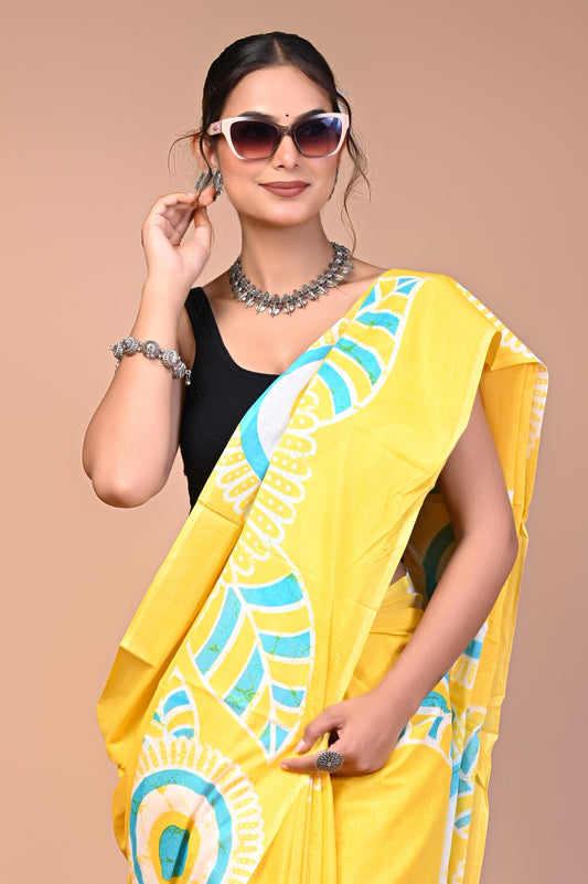 Hand Block Print Cotton Mulmul Saree – Lightweight & Breathable Everyday Wear