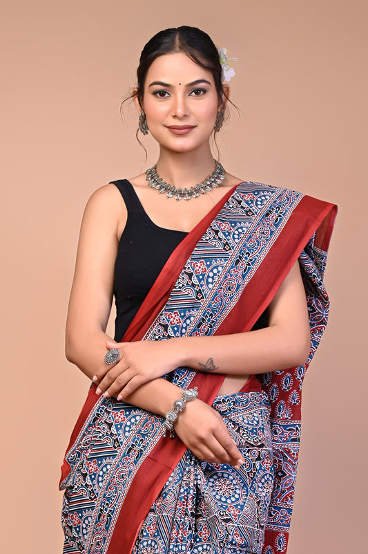 Hand Block Print Cotton Mulmul Saree – Lightweight & Breathable Everyday Wear