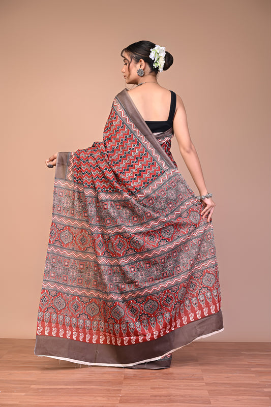 Hand Block Print Cotton Mulmul Saree – Lightweight & Breathable Everyday Wear